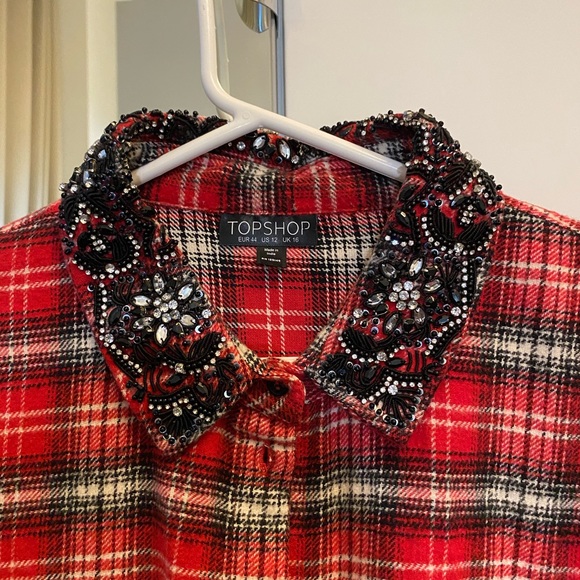 Red beaded check shirt with puff sleeves